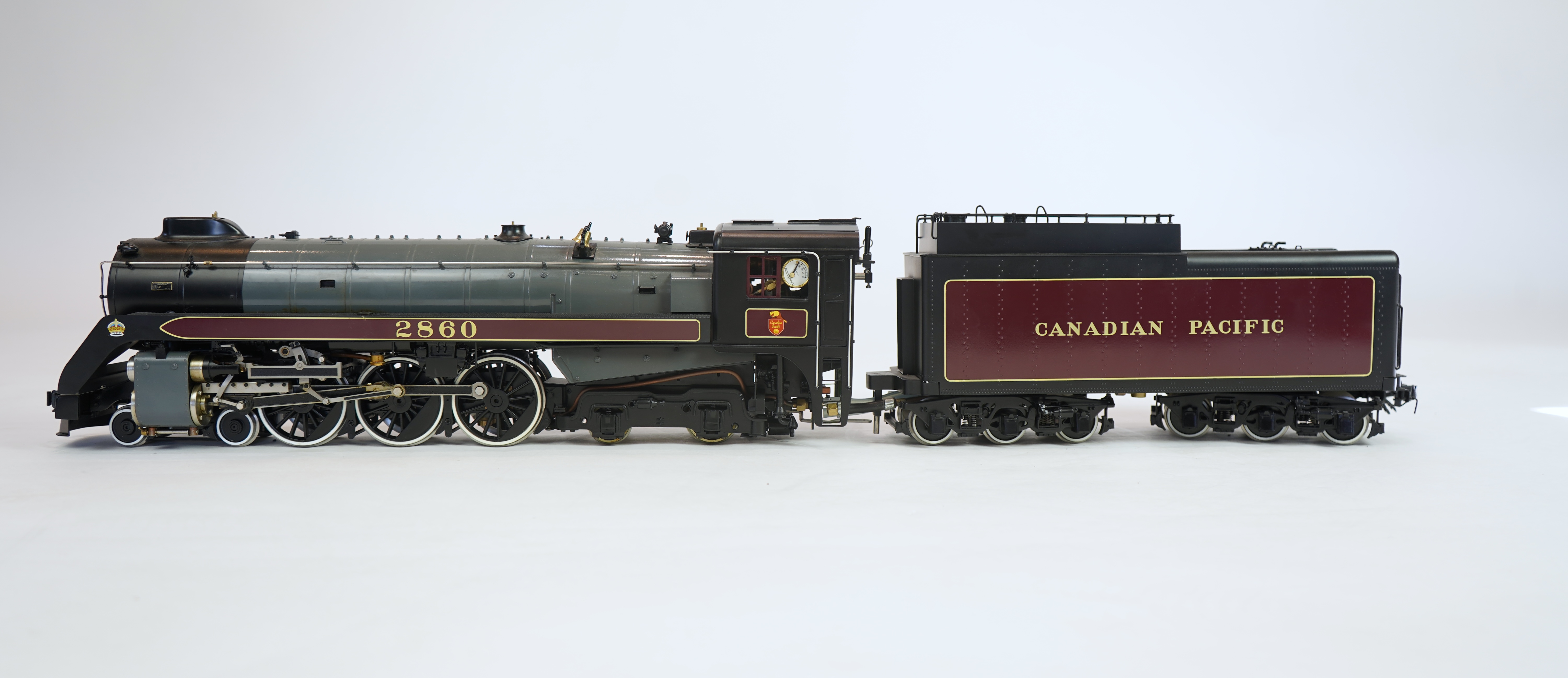 A Gauge One Accucraft Models live steam model of Canadian Pacific 2860, 4-6-4 locomotive with bogie tender, spirit fired working two cylinder motion, hand pump and axle pump, etc.